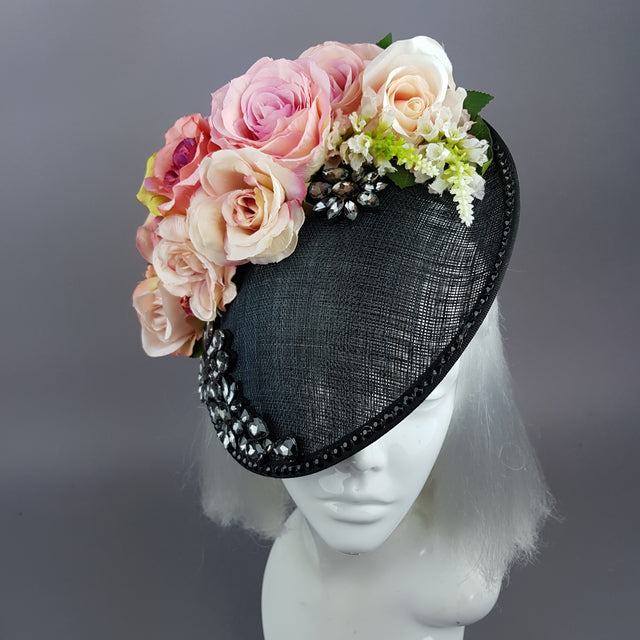 "Rougit" Pink Roses Black Fascinator Hat With Jewels