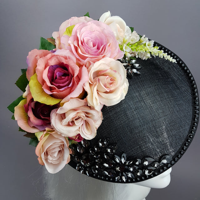 "Rougit" Pink Roses Black Fascinator Hat With Jewels