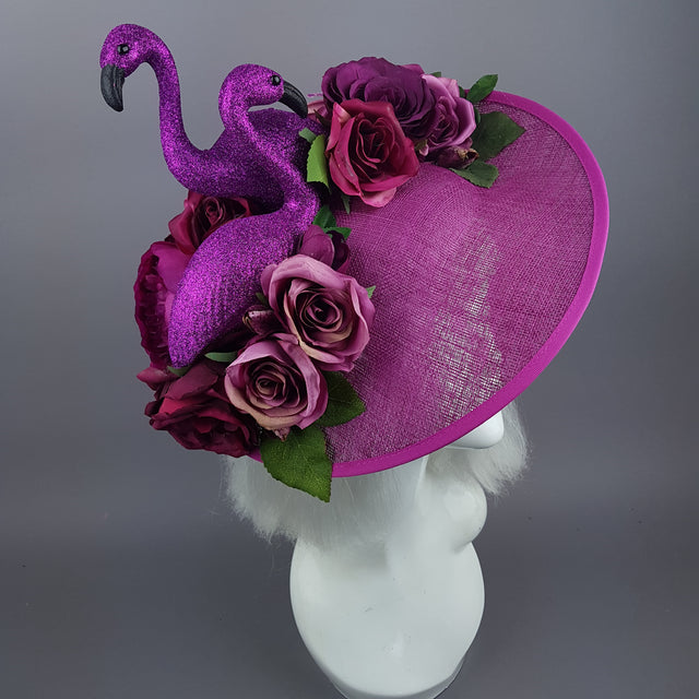 "Belle" Fuchsia Pink Floral Hat with Flamingos