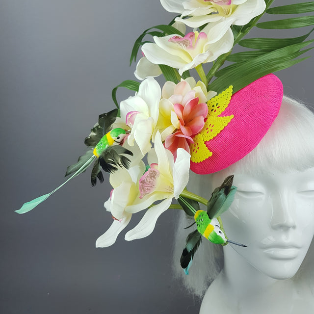 "Glow" Neon Pink Orchid Flowers Fascinator Hat