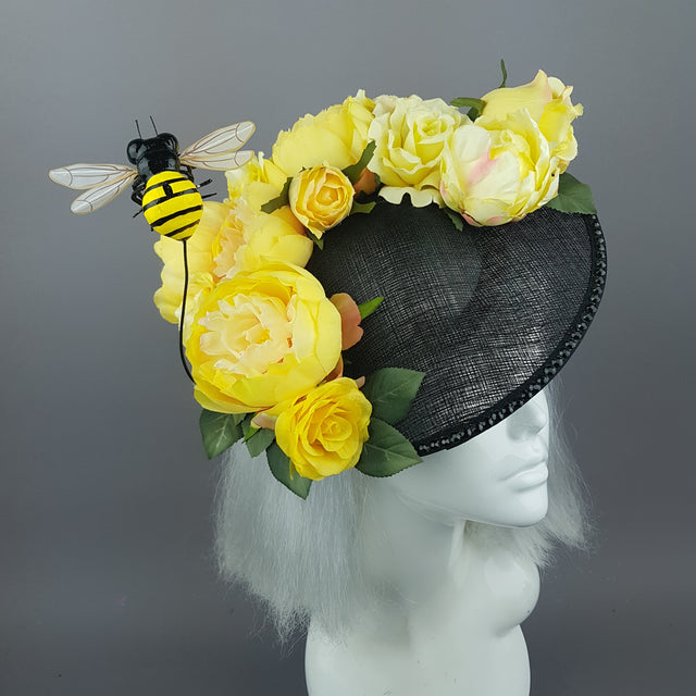 "Amoureuse" Yellow Floral Black Hat With Bee