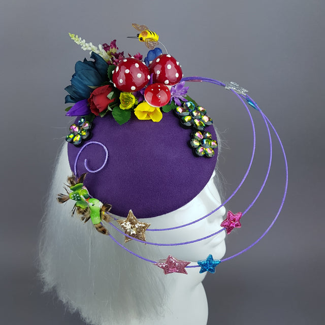 "Esperanza" Colourful Flower, Mushrooms & Wired Veil Fascinator Hat