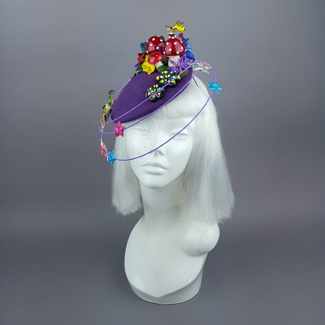 "Esperanza" Colourful Flower, Mushrooms & Wired Veil Fascinator Hat