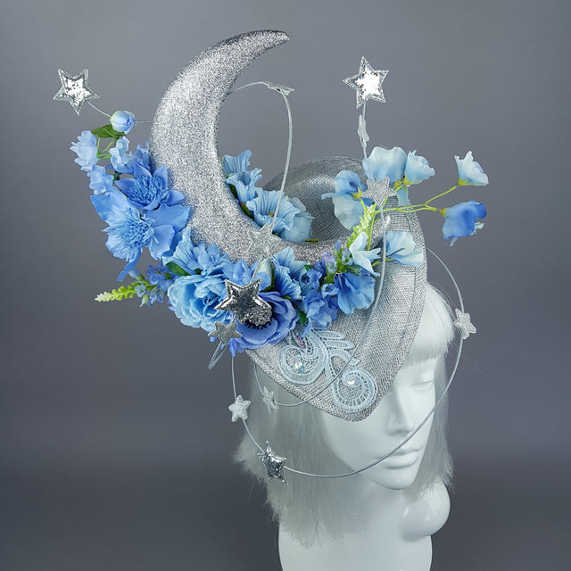 "Artemia" Moon, Stars & Blue Flower Clouds Fascinator Hat