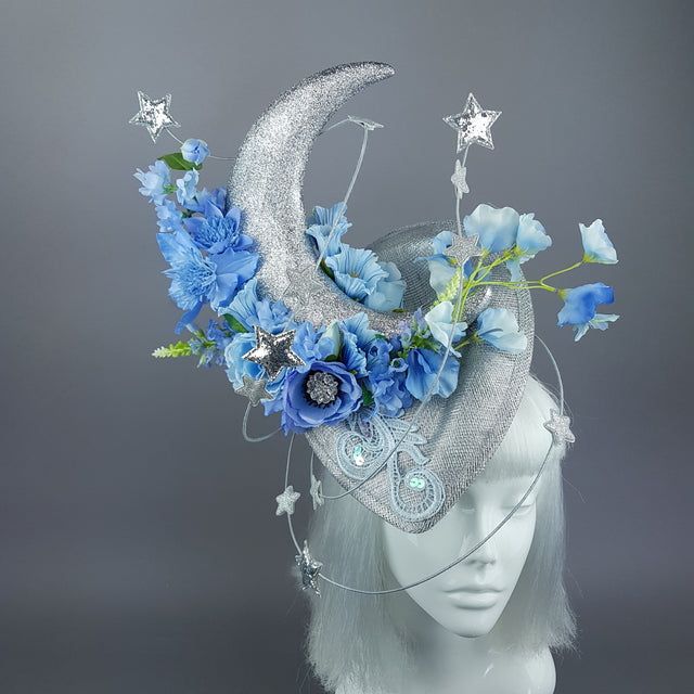 "Artemia" Moon, Stars & Blue Flower Clouds Fascinator Hat