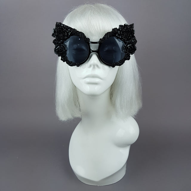"Lycoris" Black Oversized Filigree Rose Sunglasses