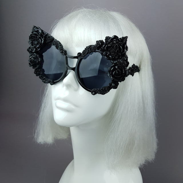 "Lycoris" Black Oversized Filigree Rose Sunglasses