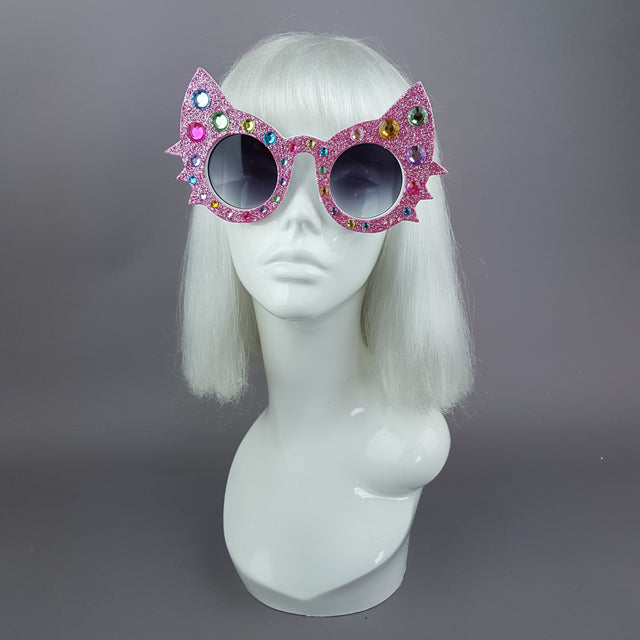 "Meowzer" Pink Colourful Gem Glitter Cat Sunglasses