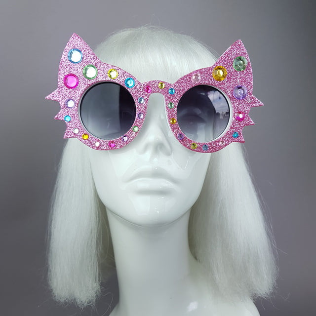"Meowzer" Pink Colourful Gem Glitter Cat Sunglasses