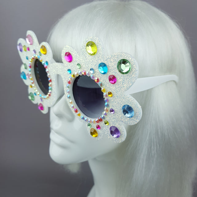 "Too Fabulous for You" Glitter & Jewel Daisy Flower Sunglasses