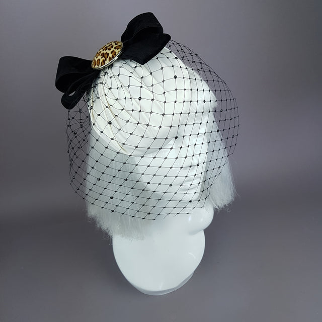 "Morana" Ivory & Leopard Bow Veil Fascinator Hat