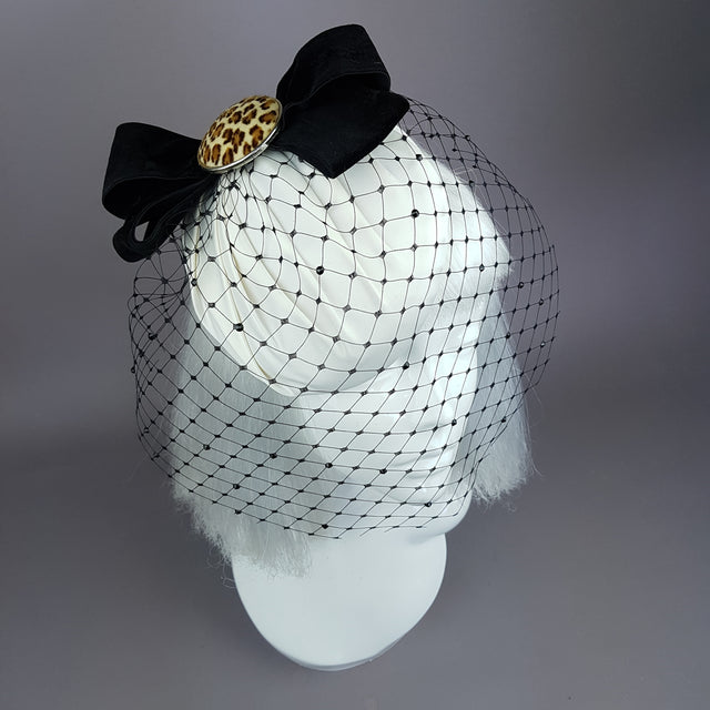 "Morana" Ivory & Leopard Bow Veil Fascinator Hat