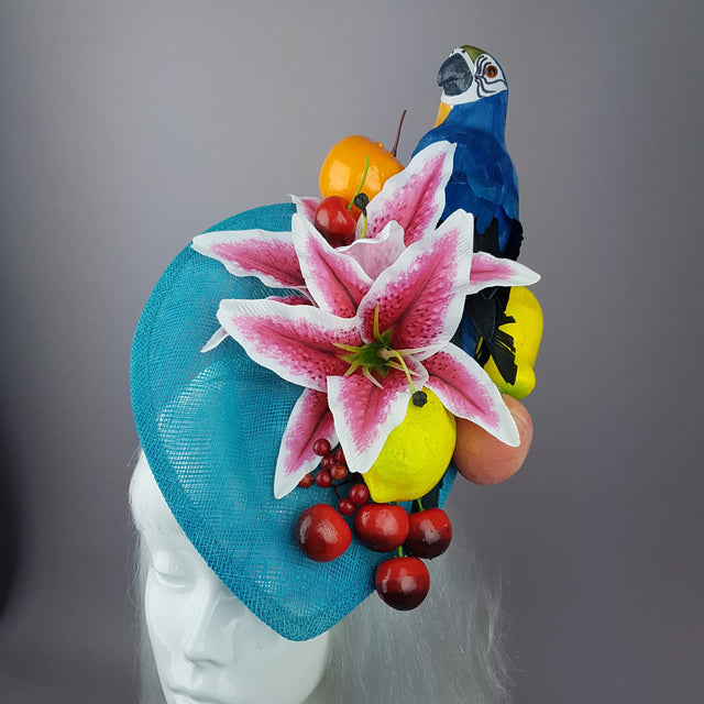 "Leilani" Colourful Parrot & Fruit Tropical Fascinator Hat