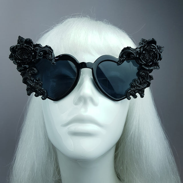 "Lisha" Black Rose & Filigree Heart Shaped Sunglasses
