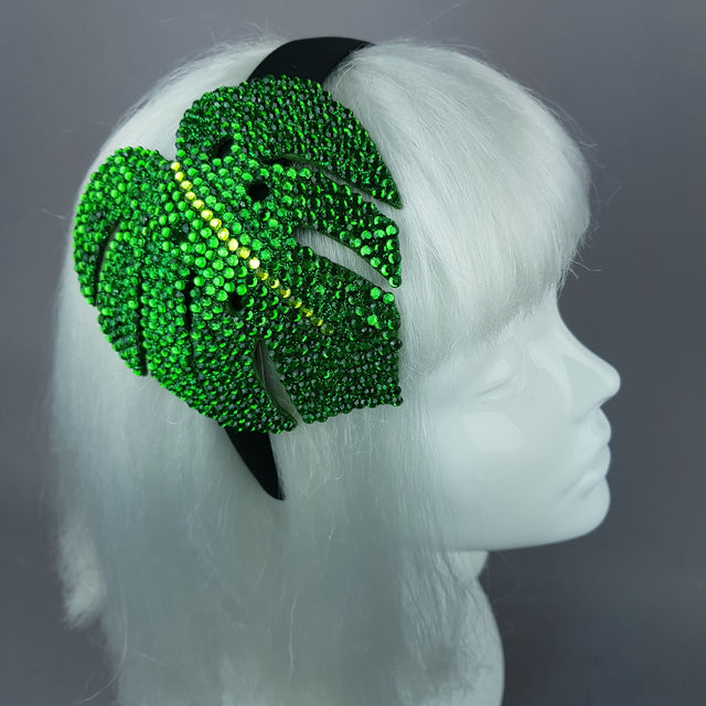 "Aitutaki" Crystal Green Tropical Leaf Headpiece