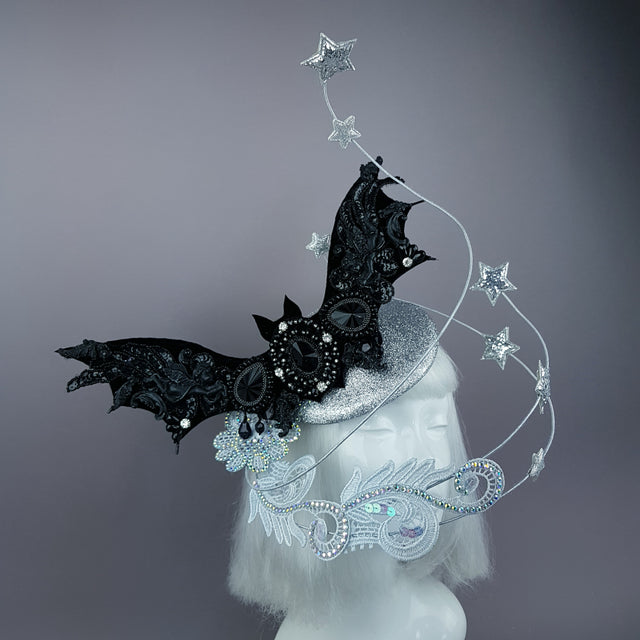 "Badriyah" Bejewelled Bat, Moon, Lace Clouds, Stars Fascinator Hat