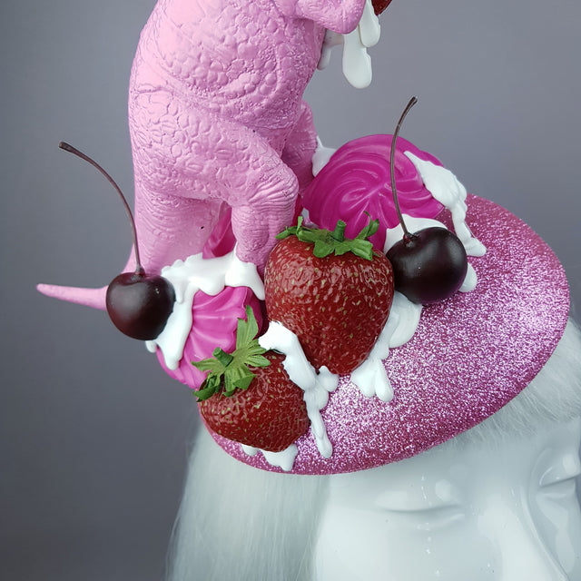"T-Rex-Topia" Pink Dinosaur, Strawberries & Cream Fascinator Hat