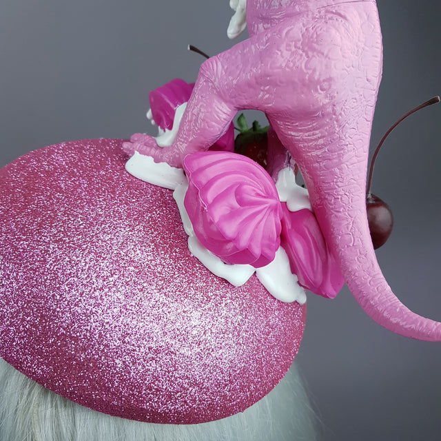 "T-Rex-Topia" Pink Dinosaur, Strawberries & Cream Fascinator Hat
