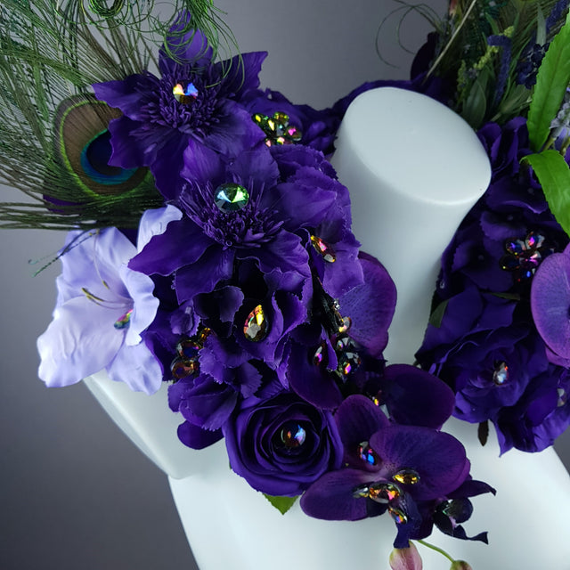 "Lorelai" Purple Flower & Peacock Feather Shoulder/Neckpiece