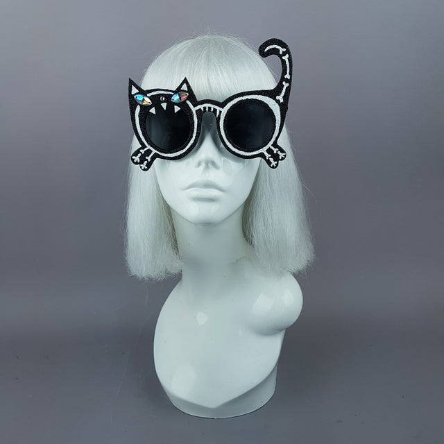 "Mao" Black Glitter Skeleton Cat Sunglasses