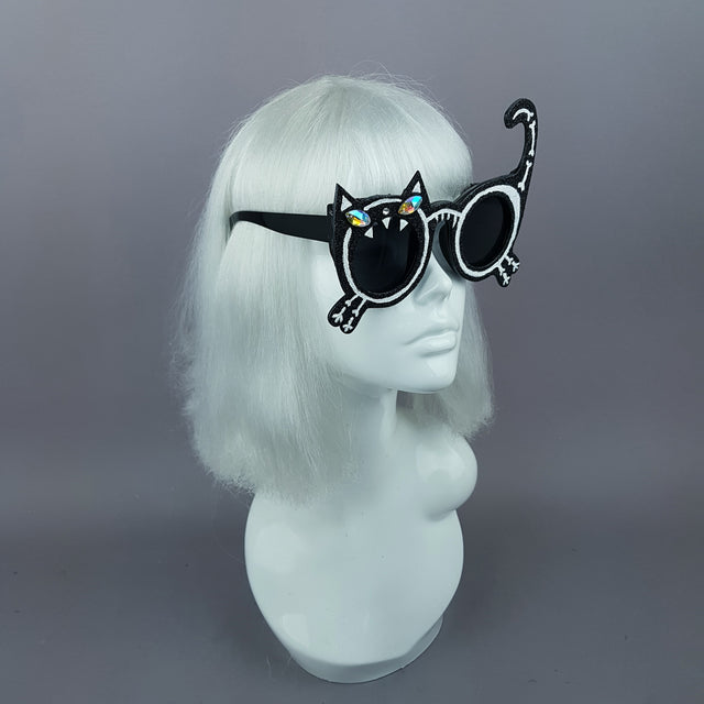 "Mao" Black Glitter Skeleton Cat Sunglasses