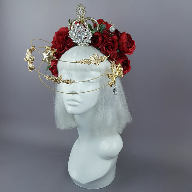 "Euphorie" Red Rose, Crown & Gold Cherub Headpiece