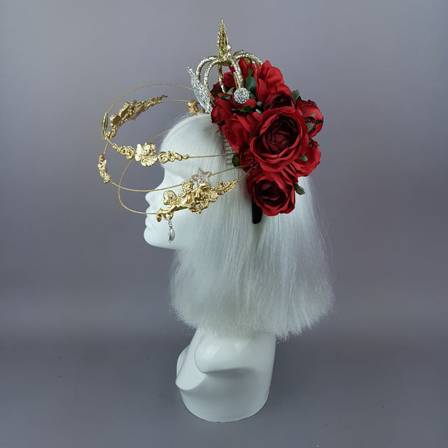 "Euphorie" Red Rose, Crown & Gold Cherub Headpiece