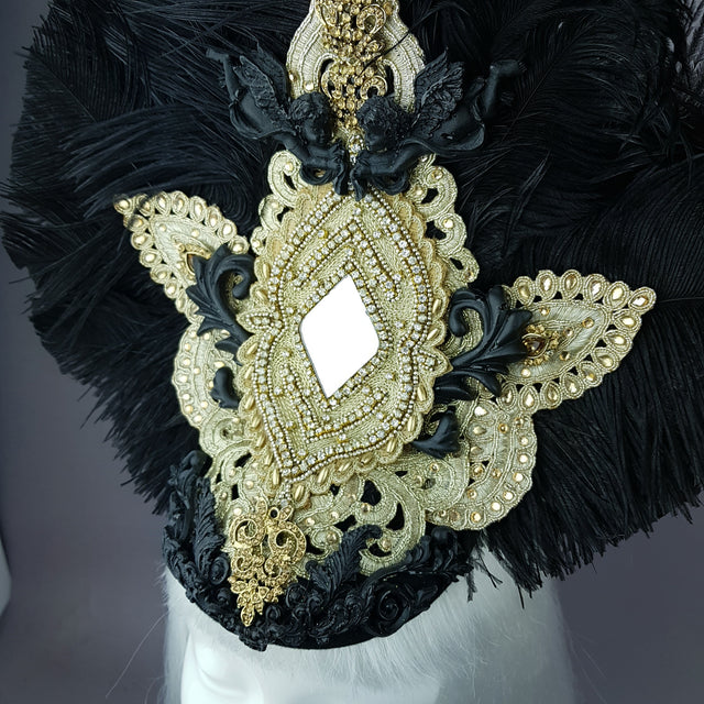"Lujo" Black & Gold Feather & Filigree Headdress