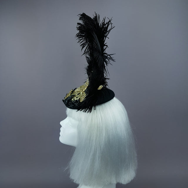 "Lujo" Black & Gold Feather & Filigree Headdress