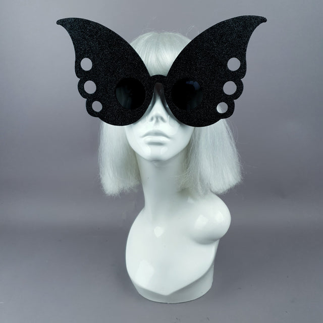 "Gaia" Oversized Black Glitter Butterfly Sunglasses