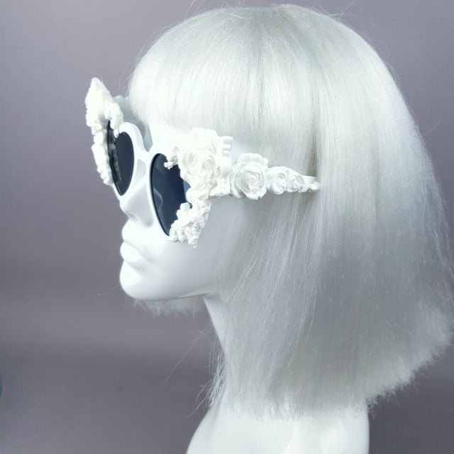 "Lisha" White Rose & Filigree Heart Shaped Sunglasses