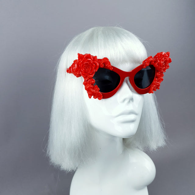 "Saudade" Red Baroque Rose Cat Eye Shaped Sunglasses