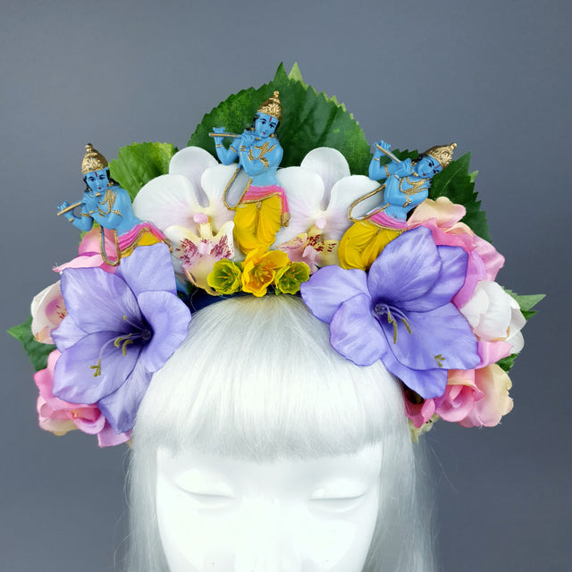 Colourful Flower Headdress with 3 Krishnas