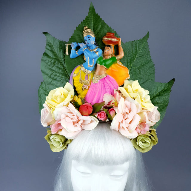 XL Colourful Flower Headdress with Krishna & Radha