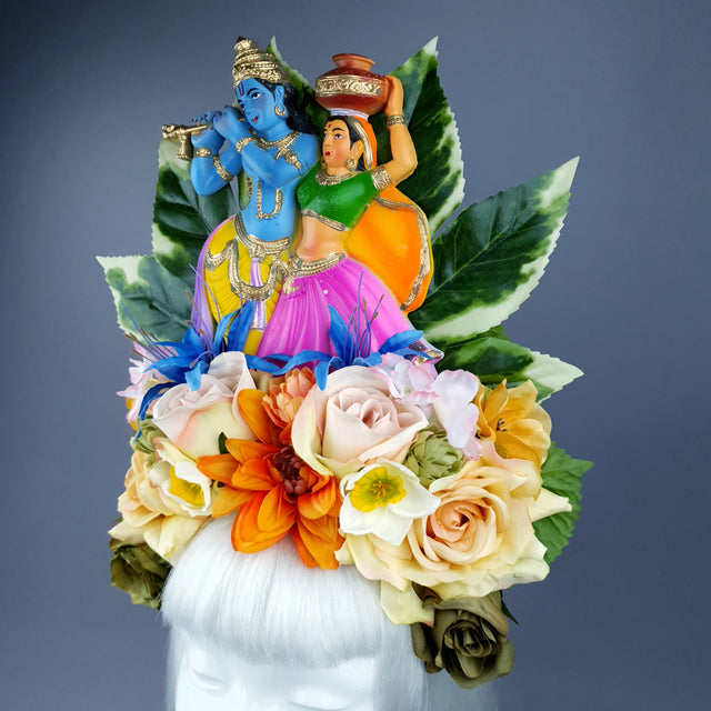XL Colourful Flower Headdress with Krishna & Radha