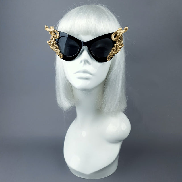 "Gothique" Black & Gold Filigree Bat Catseye Sunglasses