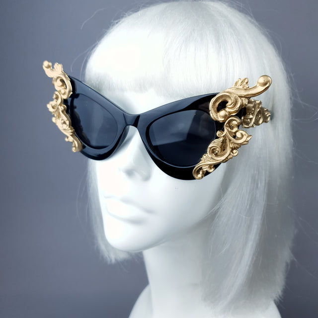 "Gothique" Black & Gold Filigree Bat Catseye Sunglasses