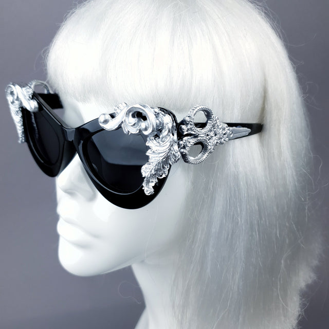 "Amara" Black & Silver Filigree Catseye Sunglasses