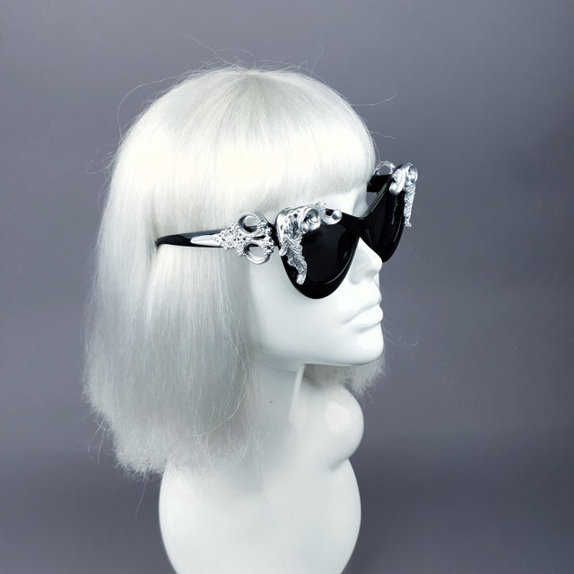"Amara" Black & Silver Filigree Catseye Sunglasses