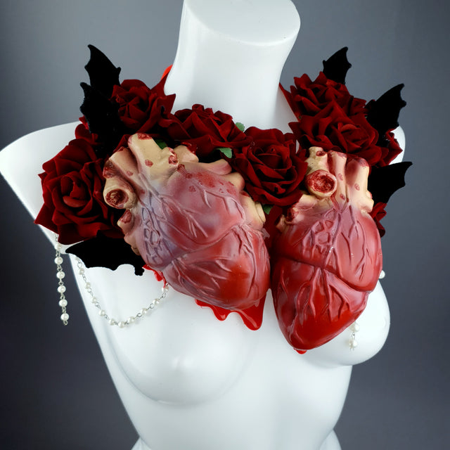 "2 Hearts Beat As 1" Red Rose, Anatomical Heart & Bat Wing Neckpiece