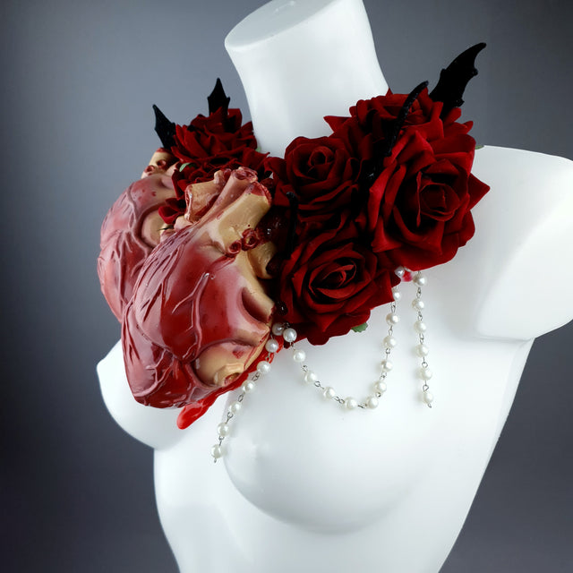 "2 Hearts Beat As 1" Red Rose, Anatomical Heart & Bat Wing Neckpiece