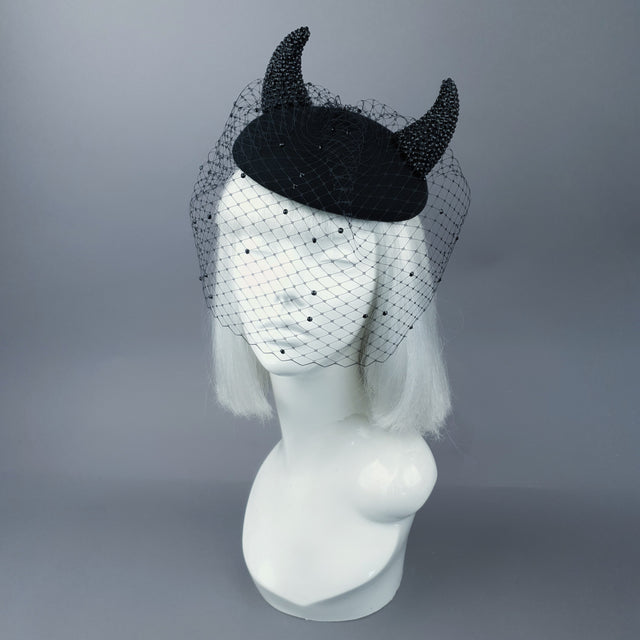 "The Devil Is A Woman" Black Crystal Horns Veil Fascinator Hat