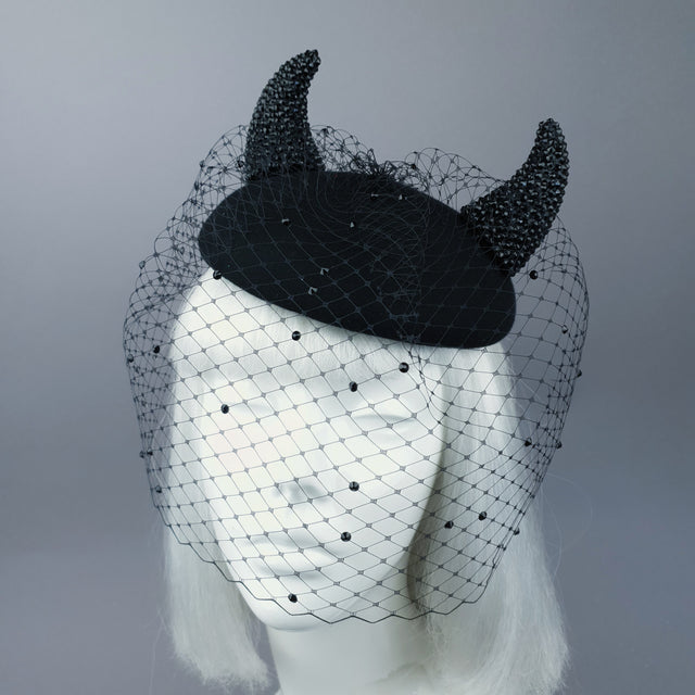 "The Devil Is A Woman" Black Crystal Horns Veil Fascinator Hat