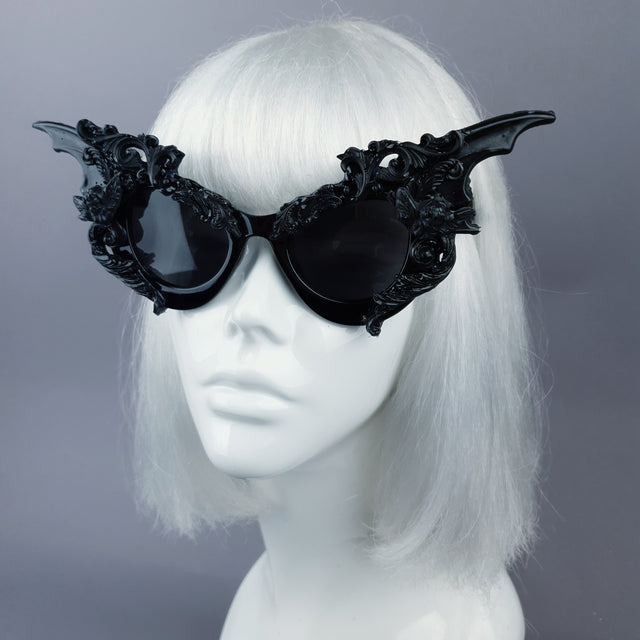 "Bathory" Black Filigree Ornate Bat Wing & Cherub  Sunglasses