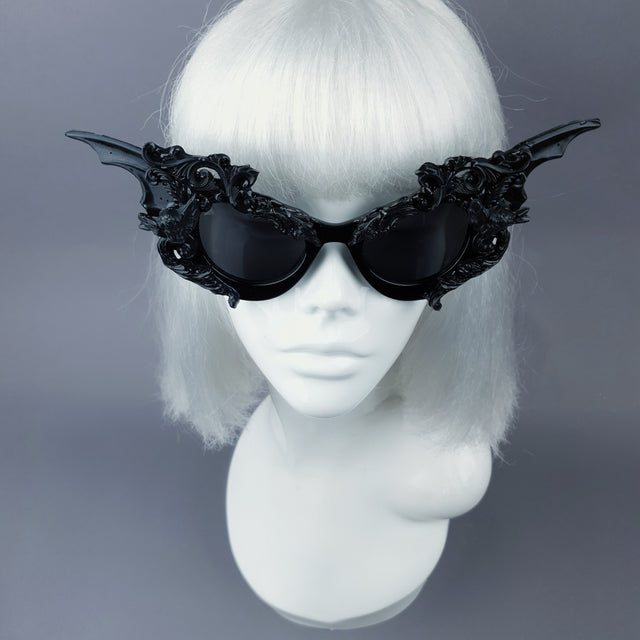 "Bathory" Black Filigree Ornate Bat Wing & Cherub  Sunglasses