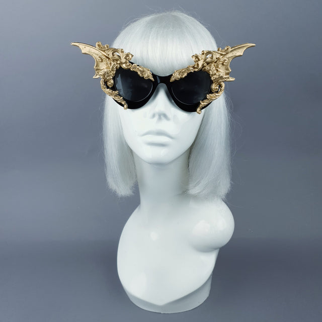 "Bathory" Black & Gold Filigree Ornate Bat Wing & Cherub  Sunglasses