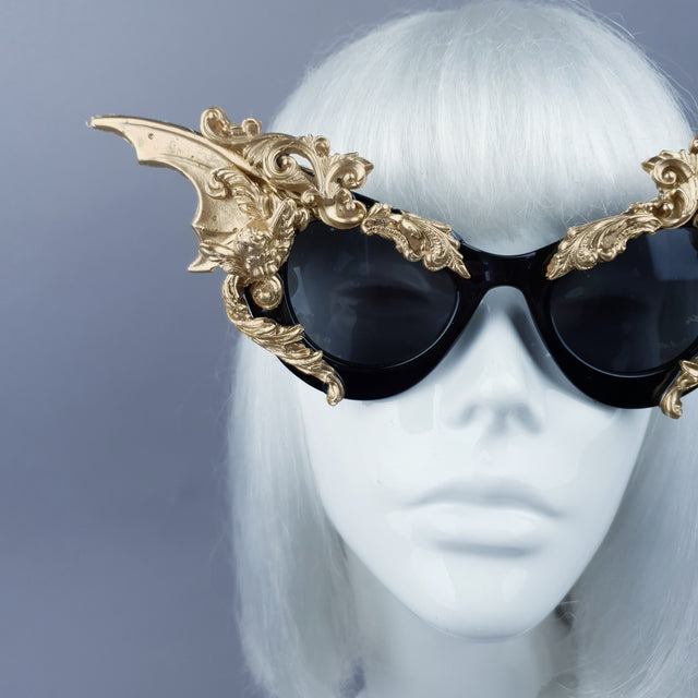 "Bathory" Black & Gold Filigree Ornate Bat Wing & Cherub  Sunglasses