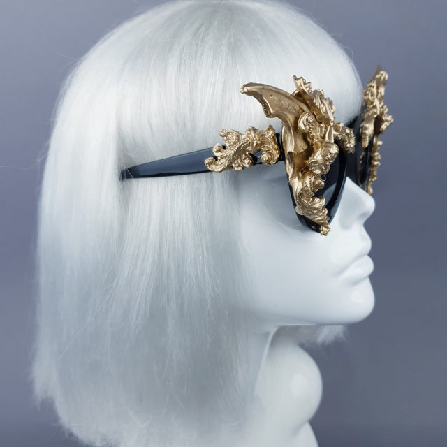 "Bathory" Black & Gold Filigree Ornate Bat Wing & Cherub  Sunglasses