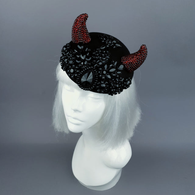 "Diosa del Amor" Black & Red Crystal Horns Bejewelled Fascinator Hat