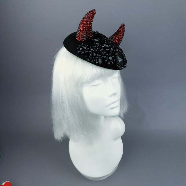 "Diosa del Amor" Black & Red Crystal Horns Bejewelled Fascinator Hat